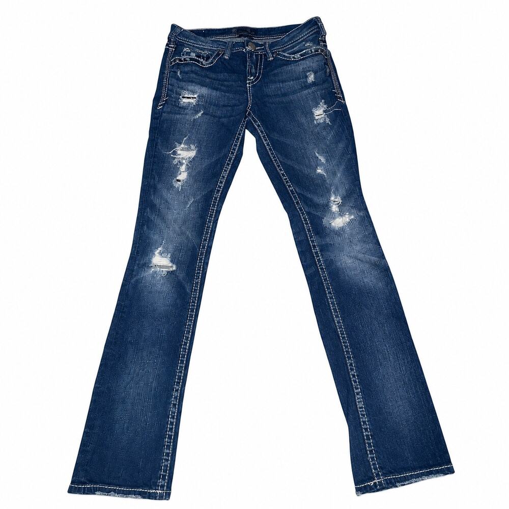 Silver Jeans Aiko Baby Boot Jeans Mid-Rise Curvy Distressed Destroyed W27 L33
